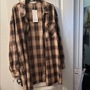 Women's Casual Brown Plaid Button Down Shirt Lagenlook
